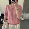 Camiseta de Seda de Amora Manga Curta Feminina Verão Nova Elegante Roupa de Mãe Gola Lapela Top de Tencel Malha Fina de Seda de Gelo