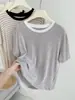Camiseta de Manga Corta Lyocell Tencel Lino con Cuello Color Block, Tejido Fino Primavera/Verano, Hombro Ligeramente Caído, Suéter Casual Base