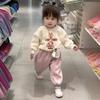 Traje para niña de primavera, otoño e invierno con forro polar, estilo coreano de dibujos animados, estilo occidental, top, pantalones deportivos, traje de 2 piezas para bebé, moda