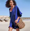 2025 Nova Camisa de Verão Europeia e Americana Transfronteiriça para Mulheres de Férias Cor Sólida Solta Casual Proteção Solar Gola V Franzida Praia