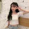 Camiseta de Tricô Manga Curta com Gola Quadrada para Mulheres, Verão 2026, Camiseta Básica Slim Fit Off-Shoulder Transfronteiriça, Top Estilo Coreano