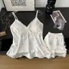 Conjunto de camisola e shorts de renda francesa, tecido fino de verão, seda gelada, estampa de bolinhas e leopardo, roupa de casa e pijama feminino
