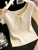 Camiseta de Manga Curta para Mulheres 2026 Novo Estilo Única e Bonita Verão Diária Versátil Roupa de Trabalho Slim Fit Tricô com Cadarço
