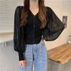 Estilo Novo Primavera e Outono Francês Fino Manga Longa Casual Top Camisa Branca para Mulheres Estilo Coreano Estilo Preguiçoso Manga Lanterna Malha