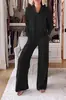 Outono e Inverno 2026 Estilo Europeu e Americano Transfronteiriço da Amazon Gola V Manga Longa Calça de Pierna Larga Solta Cor Sólida Moda Casual Conjunto