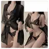 Conjunto Sexy de Três Peças em Renda com Tiras e Tecido Transparente Pijama Erótico