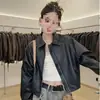 Chaqueta corta de cuero de otoño hecha a medida para mujer, con cuello de solapa, corte holgado, estilo vintage, moderna para ir al trabajo, rejuvenecedora, chaqueta de cuero casual