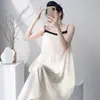 Camisola Feminina de Verão Fina com Bojo e Alças, Pijama Tendência Plus Size de Algodão e Seda, Vestido Longo de Luxo para Casa para Primavera e Outono