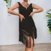 Suéter de punto de ganchillo con borlas de color de costura navideña transfronteriza, cuello en V, calado transparente, blusa/vestido de playa para bikini