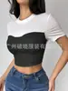 Camiseta Corta de Manga Corta con Bloques de Color de Dos Tonos, Transparente en el Ombligo, Primavera y Verano, Transfronteriza Europea y Americana de Amazon