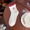Nuevos Calcetines Cortos Rojos de Algodón Bordados de Dibujos Animados Estilo Coreano Ins para Primavera y Verano Versátiles Casuales Borde Fruncido Calcetines para Niñas