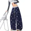 Roupa de Casal: Calça Casual Ampla de Cintura Alta Estilo College com Estrelas para Homens e Mulheres, Calça Reta Ampla de Cintura Alta com Estampa Completa