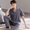 Pijama para Hombre de Algodón Puro Verano Manga Corta Pantalones Cardigan Delgado Talla Grande Holgado Traje para Casa Primavera y Verano