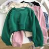 Suéter pullover feminino de cor sólida para outono, curto, cintura alta, solto, casual, gola redonda, manga longa, top curto, atacado