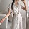 Chique Coreano2026 Verão Novo Elegante e Maduro Estilo Gola Lapela Manga Longa Vestido de Botão Único Retrô com Cinto