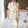 Nuevos pijamas 2024 para mujer de algodón burbuja finos de manga corta y pantalón traje dulce para casa