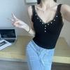Camisola Grande con Espalda Descubierta en Forma de U con Ribete de Encaje y Cuello en V, Adornada con Pedrería para Mujer con Almohadillas de Sujetador Incorporadas para Evitar la Exposición, Top de Puro Deseo con Espalda al Aire