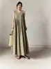 Vestido Plissado Patchwork Sem Mangas Decote V Estilo Japonês Verão 2024