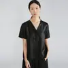 Camisa de Seda Xiangyun de Trufa Negra de Manga Corta Casual Elegante para Mujer con Cuello en V Top para el Trabajo