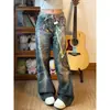 Jeans Americano de Rua Transfronteiriço Estampagem Digital 3D Corrente de Doces Desgastado Barra Curva Masculino e Feminino Perna Reta Calças Casuais Tendência