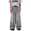Jeans de Estilo Americano High Street Vintage con Diseño de Puntadas de Flecos Marca de Moda de Gama Alta Nicho Pantalones Anchos Holgados para Niños y Niñas