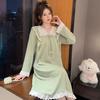 Algodón Jacquard Mujer Primavera Otoño Estilo Dulce de Princesa Manga Larga Midi Camisón Talla Grande Ropa de Dormir Casual Dulce Ropa de Casa