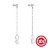Brincos de prata de lei S925 com corrente longa de pérolas e franja, design retrô simples, brincos de nicho, brincos de alta qualidade, combinam com tudo