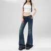 Jeans Acampanados Elásticos de Tiro Ultra Bajo Azul Lavado para Mujer, Pantalones de Pierna Ancha Largos Hasta el Suelo Versátiles Estilizadores Estilo Retro Americano Hot Girl