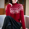 Suéter de lã jacquard solto feminino para outono e inverno com gola alta meia, peça de tricô para usar por cima