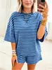 Conjunto de shorts cortos holgados a rayas estilo europeo y americano 2026, atuendo casual de dos piezas para mujer de verano