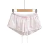 2605-26 Primavera Estilo Coreano Cintura Alta Cintura Elástica Rosa Cuadros Con Cordones Volantes Pantalones Cortos Casuales para Mujer