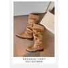 Botas de cano alto da moda, novo estilo outono e inverno, com fivela, para usar por cima, plissadas, botas jeans empilhadas 2026, botas de cavaleiro com cinto retrô western