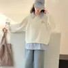 Moletom Feminino Gola Polo Estilo Universitário, Novo Outono/Primavera Moda Coreana Patchwork Listrado Duas Peças Manga Longa