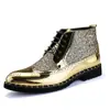 Sapatos Casuais de Couro com Lantejoulas de Cano Alto para Homem na Primavera e Outono Novos Bico Fino Cadarço Brogue Sapatos Sociais Botas de Couro para Cabeleireiro