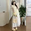 Verano 2026 Nuevo Estilo Cuello Redondo Mangas Abullonadas Lazo Babydoll Camisa Top de Maternidad + Falda de Encaje Conjunto de Maternidad