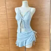 2026 Novo Estilo Ins Coreano Simples Cor Sólida Alça Fina Bikini Puro Desejo Conjunto de Duas Peças Roupa de Banho Feminina Férias na Praia