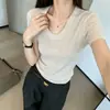 Camiseta de Tricô com Gola U de Manga Curta Estilo Old Money para Mulheres, Verão 2026, Top Casual de Alto Padrão Slim Fit com Ombros Normais