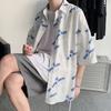 Camisa con estampado completo para hombre, de manga corta, de verano, fina, estilo Hong Kong, estilo japonés, estilo perezoso, diseño de camisa Sense Niche, abrigo superior