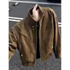 Jaqueta de couro PU desconstruída tie-dye cor de café, emendada, masculina, outono, curta, gola alta, jaqueta de trabalho, cleanfit, vestuário de motocicleta