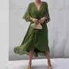 Transfronterizo 2025 Nuevo Vestido de Mujer Europeo y Americano Transfronterizo Amazon Color Sólido con Cordones Mangas de Murciélago Vestido Irregular