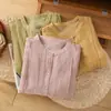 Camisa de algodão e linho lisa artística plus size para mulheres, novo estilo verão 2024, corte solto, emagrecedor, elegante, casual, top de algodão e linho