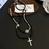Nueva cadena de clavícula con cuentas de cristal superpuestas de doble capa con cruz china, elegante collar de estilo frío, accesorios de nicho.