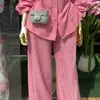 Roupas Femininas Europeias e Americanas 2025 Novo Outono Doce e Fresco Camisa de Manga Longa com Lapela Listrada Calça Reta de Cintura Alta Conjunto de Duas Peças