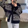 Estilo Coreano Nuevo Diseño Versátil Chaqueta de Cuello Redondo Suéter de Jacquard Retro con Contraste Prendas de Punto Sueltas Cardigan de Punto para Mujer