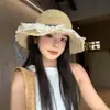 Sombrero de Paja Tejida Floral Estilo Coreano para Mujer, Protección Solar de Verano, Sombrero de Pescador de Ala Ancha, Adelgazante de Rostro, Versátil Sombrero de Sol para Playa