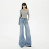 Calça Jeans Feminina Wide Leg Solta de Cintura Baixa Estilo Retrô Americano com Efeito Drapeado, Versátil Estilo Ins Outono/Inverno Novo Modelo