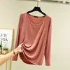Camiseta modal de algodón fina de cuello redondo estilo coreano para mujer, de manga larga, talla grande, camiseta básica, nuevo top holgado de color liso para principios de otoño