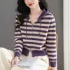 Suéter de tricô feminino, nova coleção primavera/outono 2026, moderno e rejuvenescedor, curto, com capuz, cardigã listrado, modelagem solta, jaqueta suéter com zíper