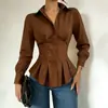 Camisa de manga larga para mujer estilo europeo y americano transfronterizo de Amazon con cintura ceñida, bajo de volante plisado y corte entallado que estiliza la figura