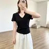 ¡Camiseta elegante de cuello en V estrecho, hombro normal! Tela de Lyocell, amigable con la piel, elegante, de manga corta, color liso, transpirable, top adelgazante